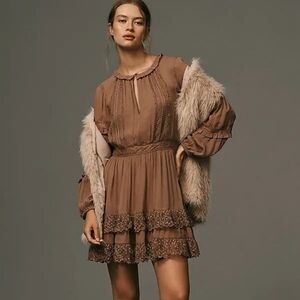 NWT Anthropologie Brown Long Sleeve Dress with Lace